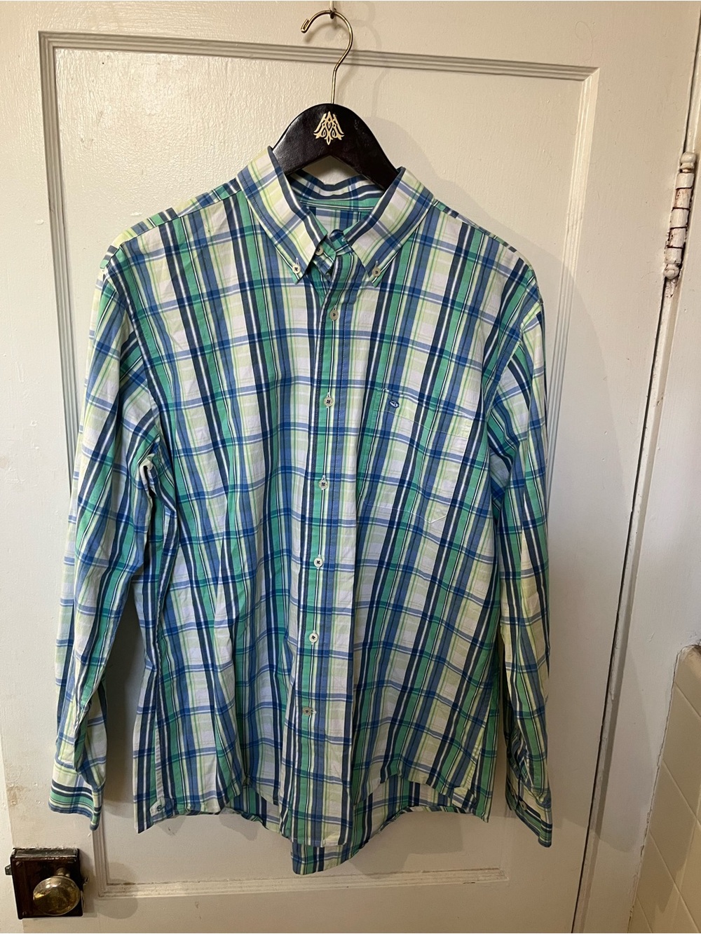 Southern Tide Men’s Plaid Button Down Shirt Green Blue Size Large EUC